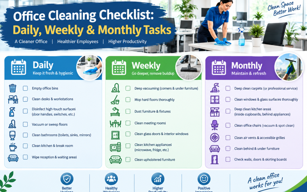 Office Cleaning Checklist: Daily, Weekly & Monthly Tasks